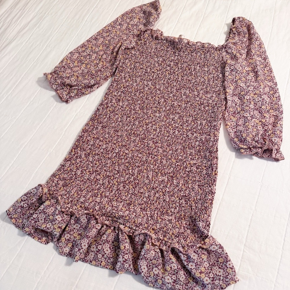 The Impeccable Pig Women's‎ LARGE Smocked Body Mini Dress Floral Square Neck